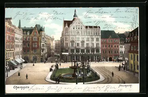 AK Chemnitz, Neumarkt mit Springbrunnen und Kaiser-Café