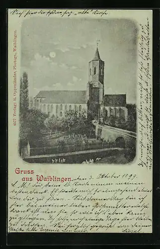 Mondschein-AK Waiblingen, Blick auf die Kirche