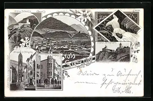 Lithographie Sterzing, Schloss Reifenstein, Rathaus, Wasserfall