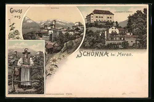 Lithographie Schönna bei Meran, Schlosswirth, Ortsansicht, Frau in alpiner Tracht