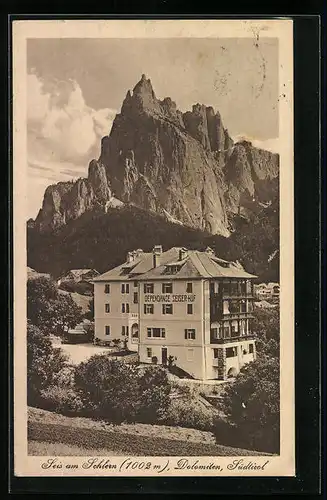 AK Seis am Schlern, Gasthaus und Dependance Seiser-Hof mit Blick auf die Dolomiten