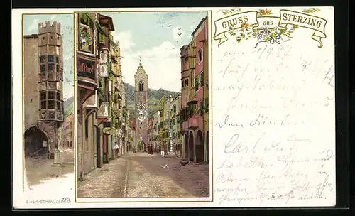 Lithographie Sterzing, Strassenpartie mit Uhrturm und Gasthof