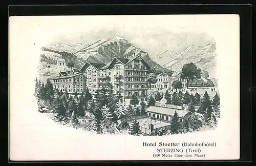 Künstler-AK Sterzing, Bahnhofhotel Stötter aus der Ferne