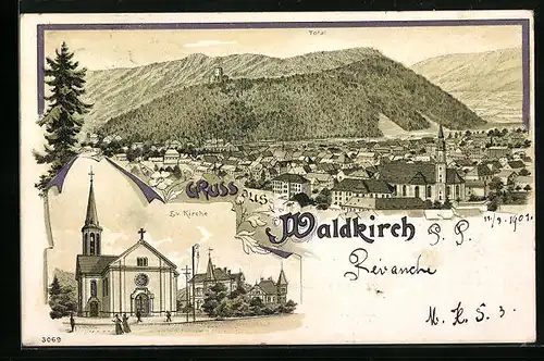 Lithographie Waldkirch, Totalansicht und Evangelische Kirche