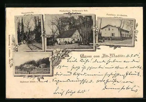AK Alt-Madlitz / Briesen, Forsthaus, Fischerhaus Hoffmanns Ruh, Bergschlucht, Madlitzer Mühle