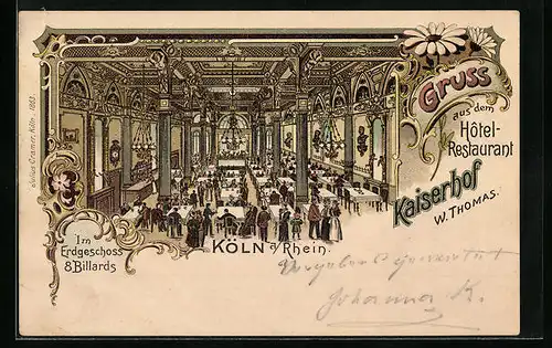 Lithographie Köln /Rh., Hotel-Restaurant Kaiserhof - Saal im Erdgeschoss mit Billardtischen