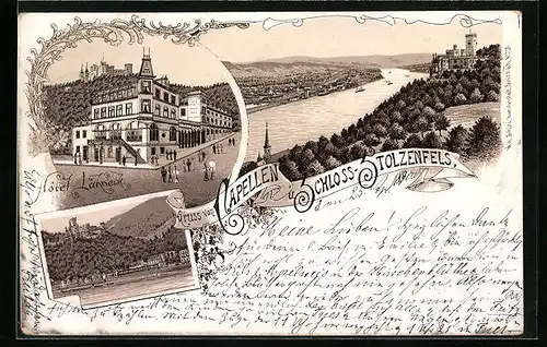 Lithographie Capellen, Hotel Lahneck, Teilansicht mit Schloss Stolzenfels