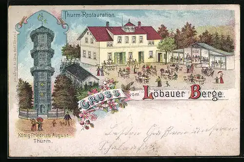 Lithographie Löbau, Thurm-Restauration Löbauer Berg, König Friedrich-August-Turm