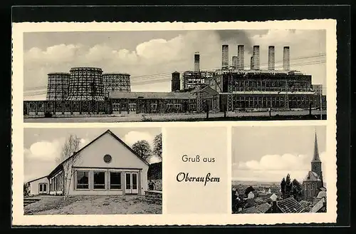 AK Oberaussem, Kraftwerk, Weisses Gebäude, Teilansicht mit Kirche