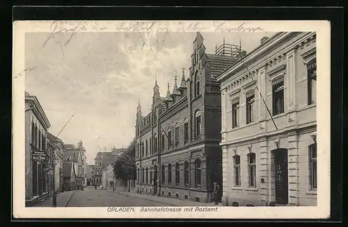 AK Opladen, Partie in der Bahnhofstrasse, mit Postamt