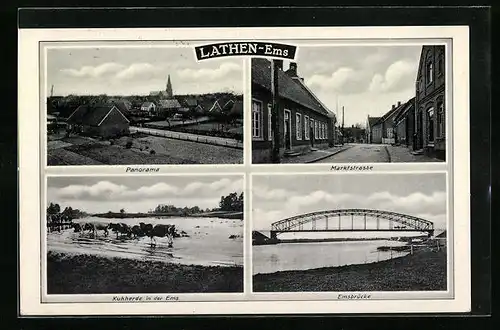 AK Lathen a. Ems, Panorama mit Marktstrasse und Emsbrücke