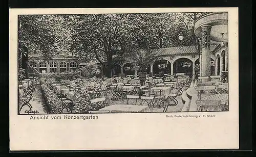 Künstler-AK Bielefeld, Lindenhof mit Ansicht vom Konzertgarten