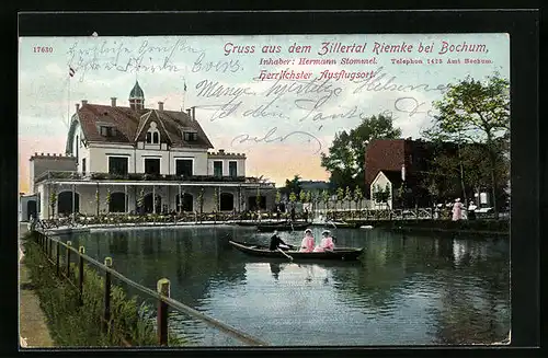 AK Riemke b. Bochum, Uferpartie mit Ruderboot