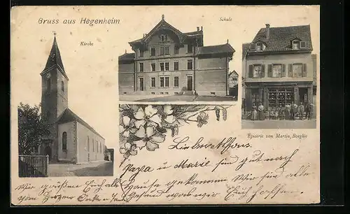 AK Hegenheim, Epicerie Martin Boeglin, Kirche und Schule
