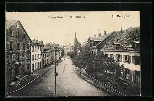 AK St. Georgen, Hauptstrasse mit Rathaus aus der Vogelschau