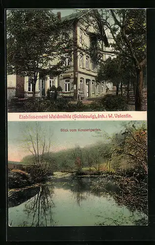 AK Schleswig, Etablissement Waldmühle mit Blick vom Konzertgarten