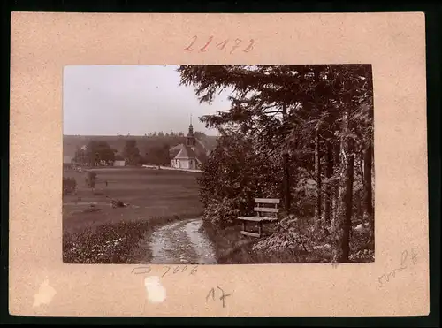 Fotografie Brück & Sohn Meissen, Ansicht Schellerhau, Blick vom Wald auf die Kirche mit Bank