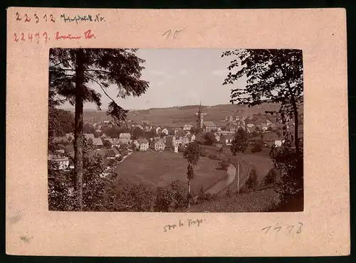 Fotografie Brück & Sohn Meissen, Ansicht Neuhausen i. Sa., Blick auf die Stadt mit Eisenbahnschienen