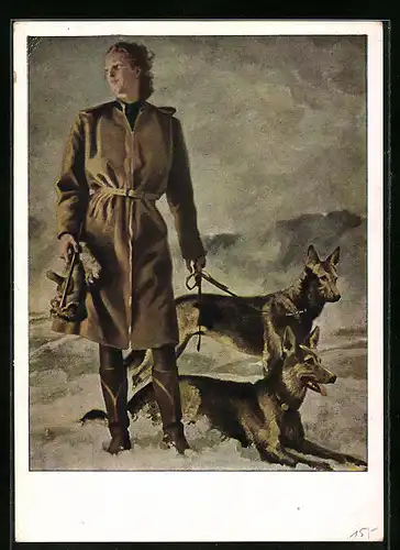 Künstler-AK Junge Frau mit zwei Schäferhunden an der Leine