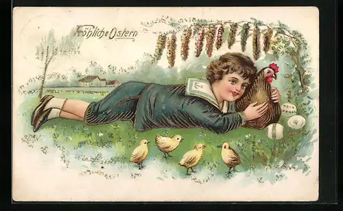 Präge-AK Junge mit Osterküken auf der Wiese