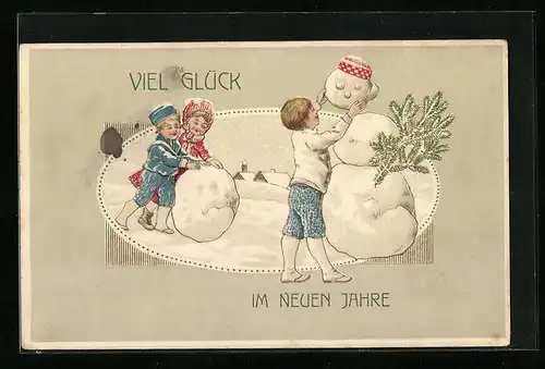 Präge-AK Viel Glück im neuen Jahre, Kinder bauen einen Schneemann