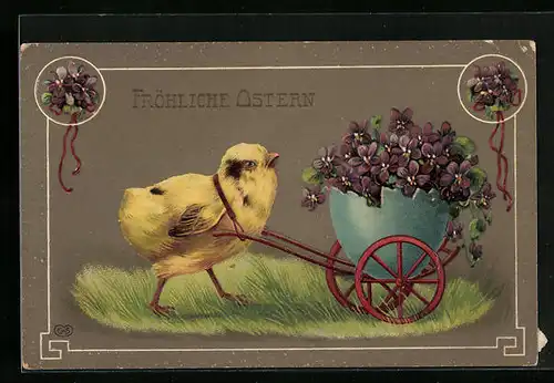 Präge-AK Osterküken zieht kleine Osterei-Kutsche mit Veilchen