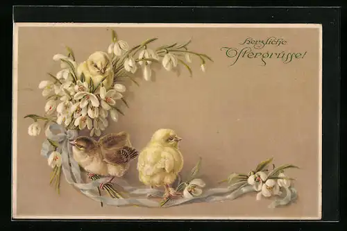 Künstler-AK Osterküken mit Maiglöckchen zum Feste