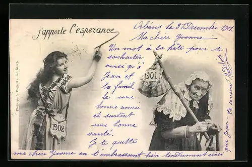AK J`appporte l`esperance, Junge Dame begrüsst das neue Jahr 1902
