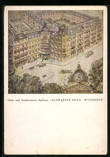 AK Wiesbaden, Hotel und Kochbrunnen-Badhaus Schwarzer Bock