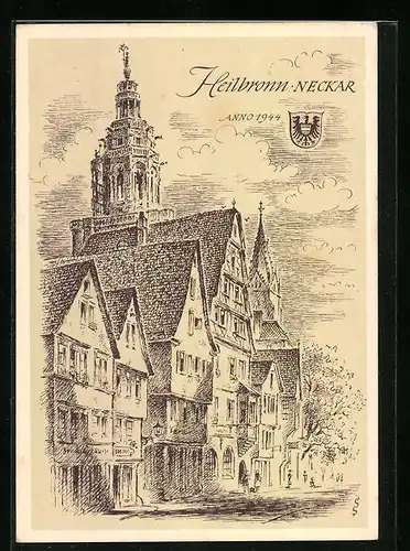 Künstler-AK Heilbronn /Neckar, Strassenpartie im Jahr 1944