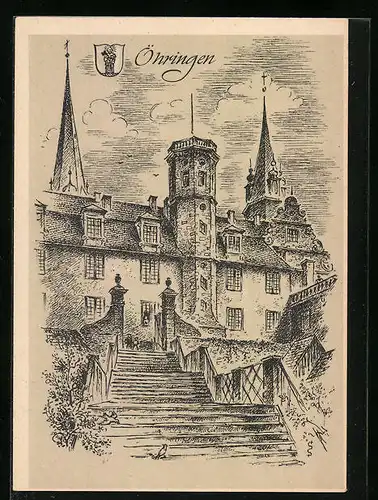 Künstler-AK Öhringen, Treppenaufstieg zum Schloss