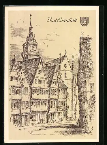 Künstler-AK Cannstatt, Strassenpartie mit Passanten