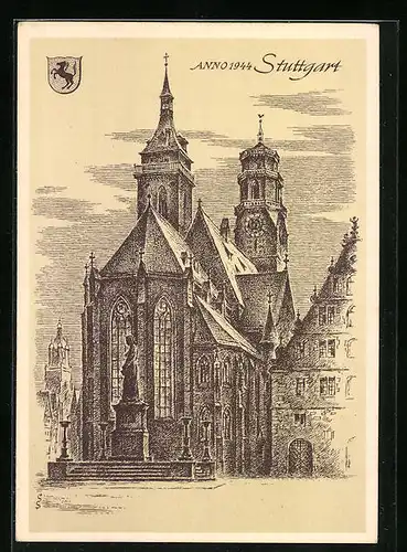 Künstler-AK Stuttgart, Stiftskirche und Denkmal im Jahr 1944