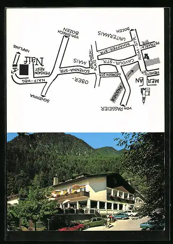 AK Meran, Restaurant-Pension Naif, Naif-Weg, Stadtplan, Mit Schenna-Strasse, Cavour-Strasse und Romstrasse