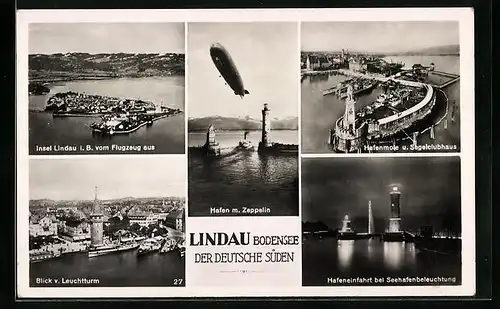 AK Lindau i. B., Fliegeraufnahme, Leuchtturm, Hafeneinfahrt mit Zeppelin