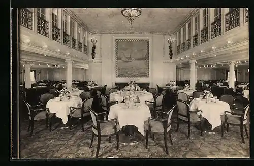 AK Passagierschiff Hamburg der H.-A.-Linie, Innenansicht des Speisesaals