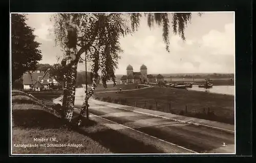 AK Minden i. W., Kanalgelände mit Schleusen-Anlage