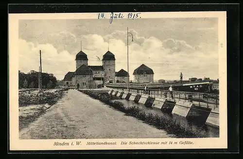 AK Minden i. W., Mittellandkanal, Die Schachtschleuse mit 14m Gefälle