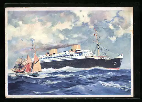 Künstler-AK Vierschrauben-Turbinen-Schnelldampfer Bremen des Nordd. Lloyds in voller Fahrt