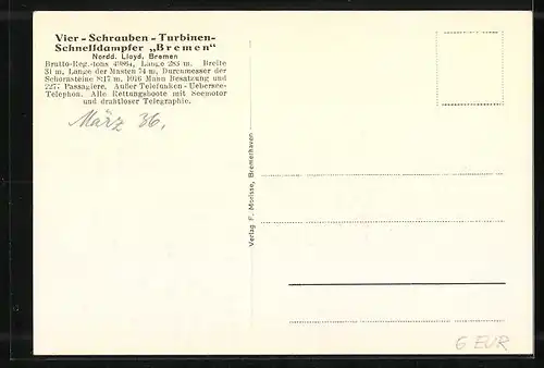 AK Vierschrauben-Turbinen-Schnelldampfer Bremen des Nordd. Lloyds sticht in See