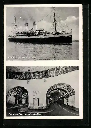 AK Hamburg, Passagierschiff Monte Olivia über dem Elbtunnel, Innenansicht der beiden Elbtunnel