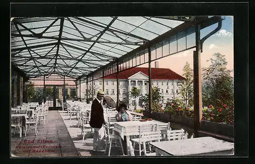 AK Bad Eilsen, Fürstenhof-Terrassse mit Badehaus