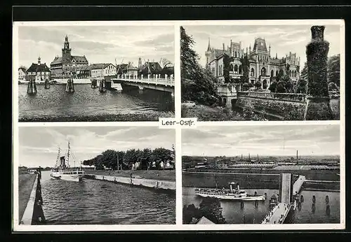 AK Leer /Ostfr., Teilansicht, Hebebrücke mit Dampfer