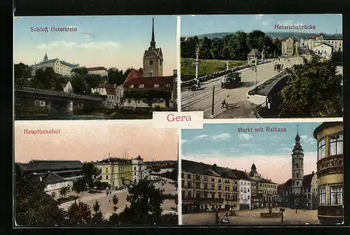 AK Gera, Schloss Osterstein, Hauptbahnhof, Markt mit Rathaus