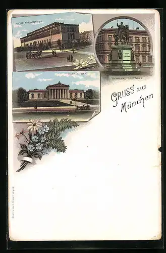 Lithographie München, Neue Pinakothek, Denkmal Ludwig I., Glyptothek