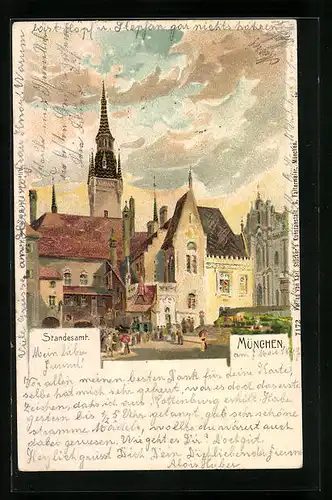 Künstler-AK München, Standesamt mit Passanten