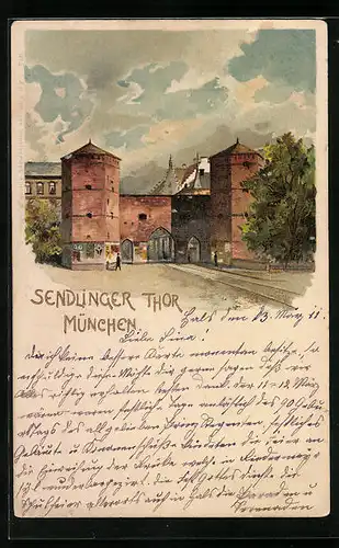 Künstler-AK München, Sendlinger Tor mit Passanten