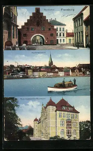 AK Flensburg, Nordertor, Hafenansicht, Kunstgewerbe-Museum