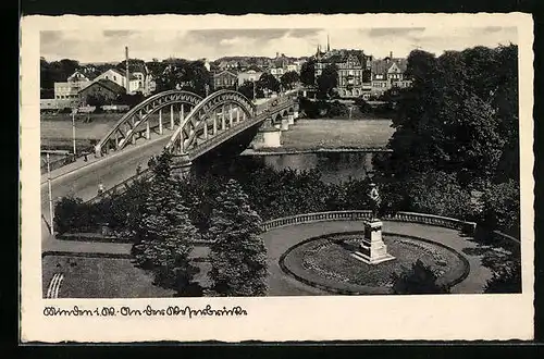 AK Minden i. W., An der Weserbrücke mit Denkmal
