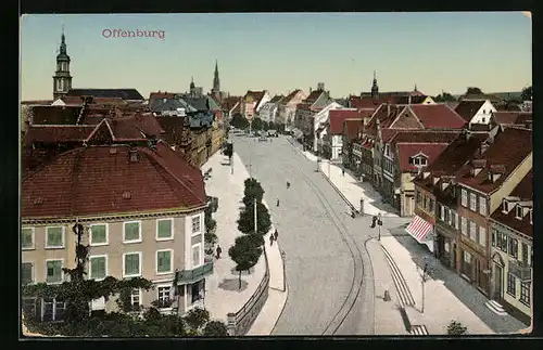 AK Offenburg, Strassenpartie an der Hauptstrasse aus der Vogelschau